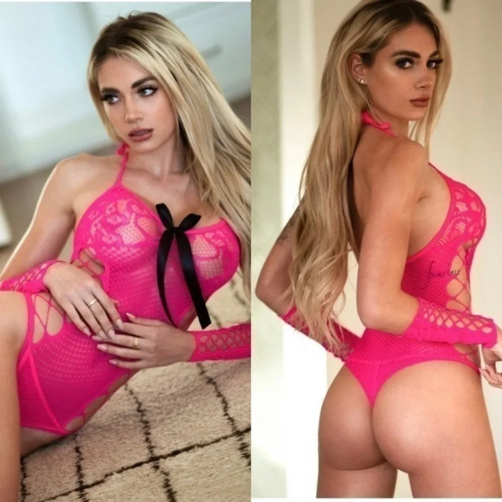 Sheer Lace & Fishnet Bodysuit Lingerie w Bow‎ | One Size